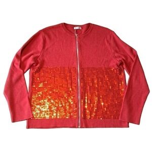Vakko Red zip up wool sweater sparkly sequins L women’s